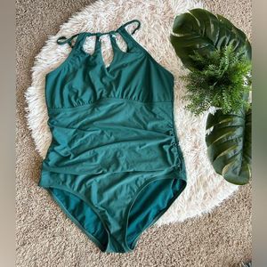 Merona EMERALD GREEN Keyhole Braided Strap One Piece Swimsuit Sz XL GUC